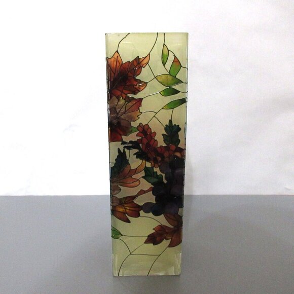 Joan Baker Hand Painted Stained Glass Vase Fruits Autumn Leaves Apx 10” x 3” x3" - Picture 10 of 10